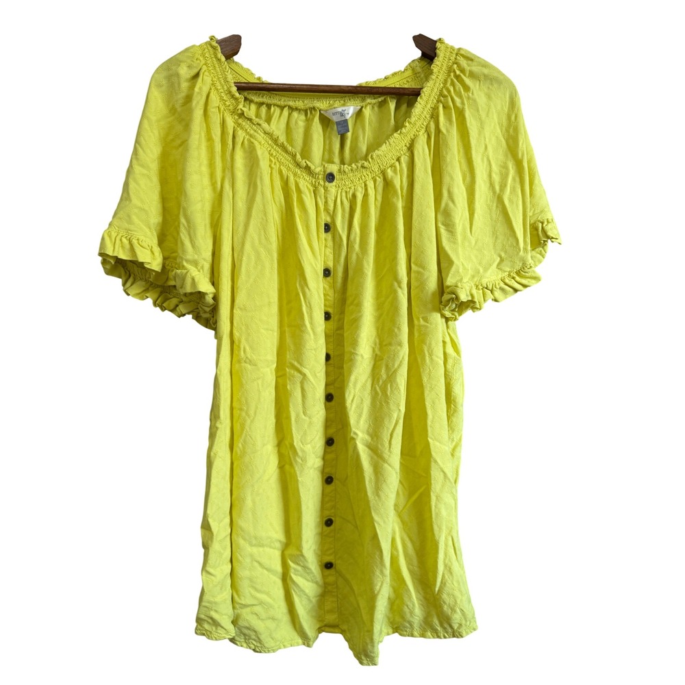 Terra & Sky Button Front Blouse Womens 1X Lemon Lime Excellent Smocked Ruffle